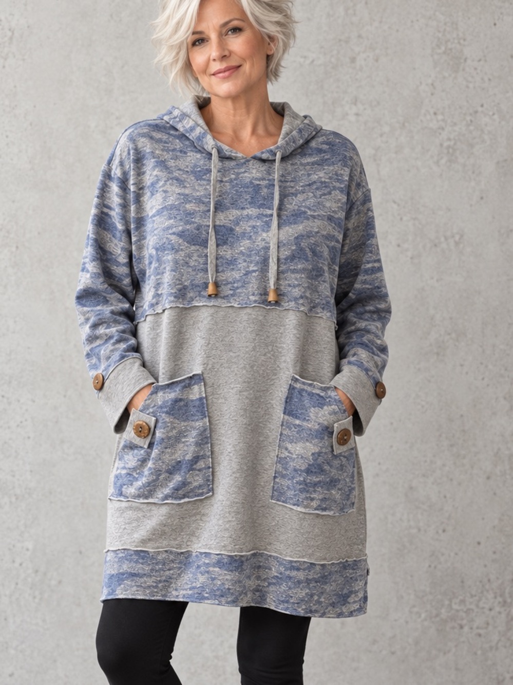 Neon Buddha XL Blue Grey Patchwork Hooded Tunic Top
